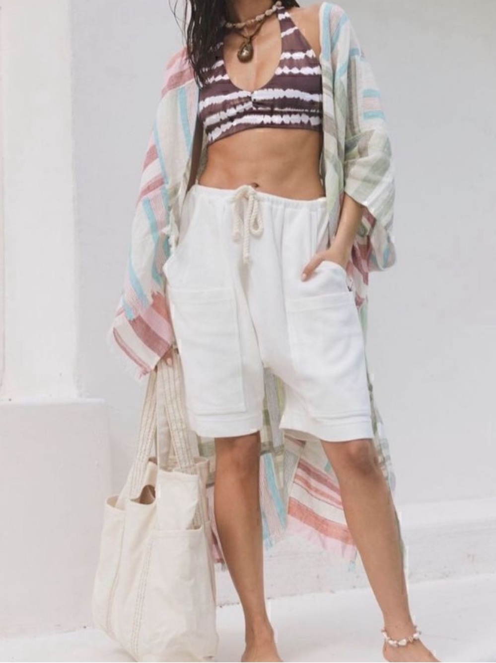 NWOT FREE PEOPLE sail away linen patchwork pastel Striped kimono Cover-Up OS - Picture 2 of 7